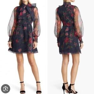 Rachel Parcel Floral Tie Neck Organza and Satin Dress Size 2 EUC Holiday dress